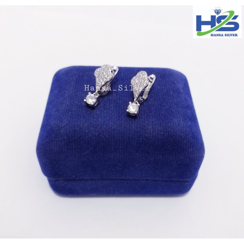 Anting Perak Silver Asli 925 Lapis Emas Putih Model Jepit Agogo Batu Putih - Perhiasan perak wanita