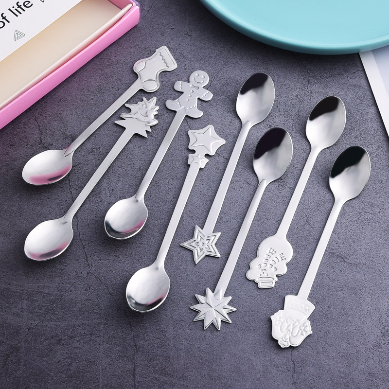 4pcs / set Sendok Dessert Kopi Bentuk Pohon Natal Snowman Bahan Stainless Steel