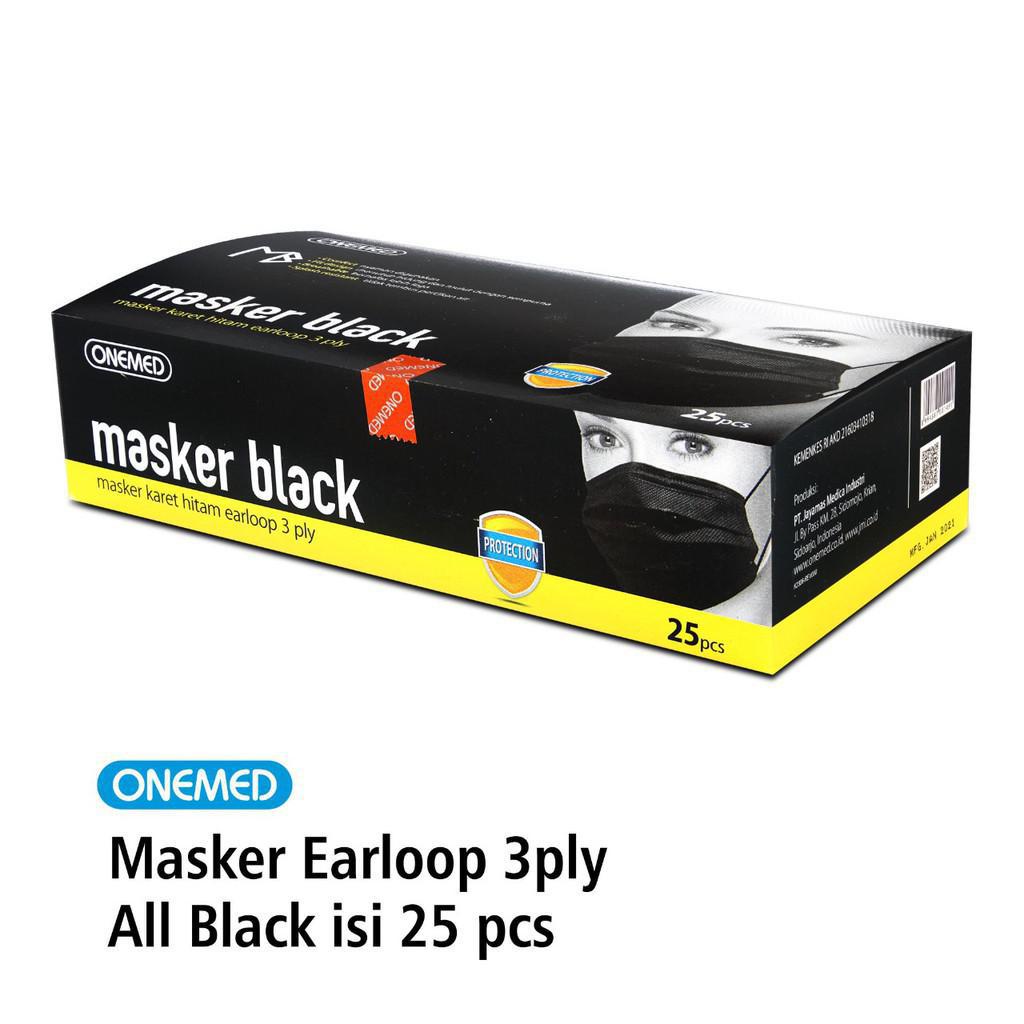 OneMed Masker Medis Earloop 3ply All Black per Box Isi 25