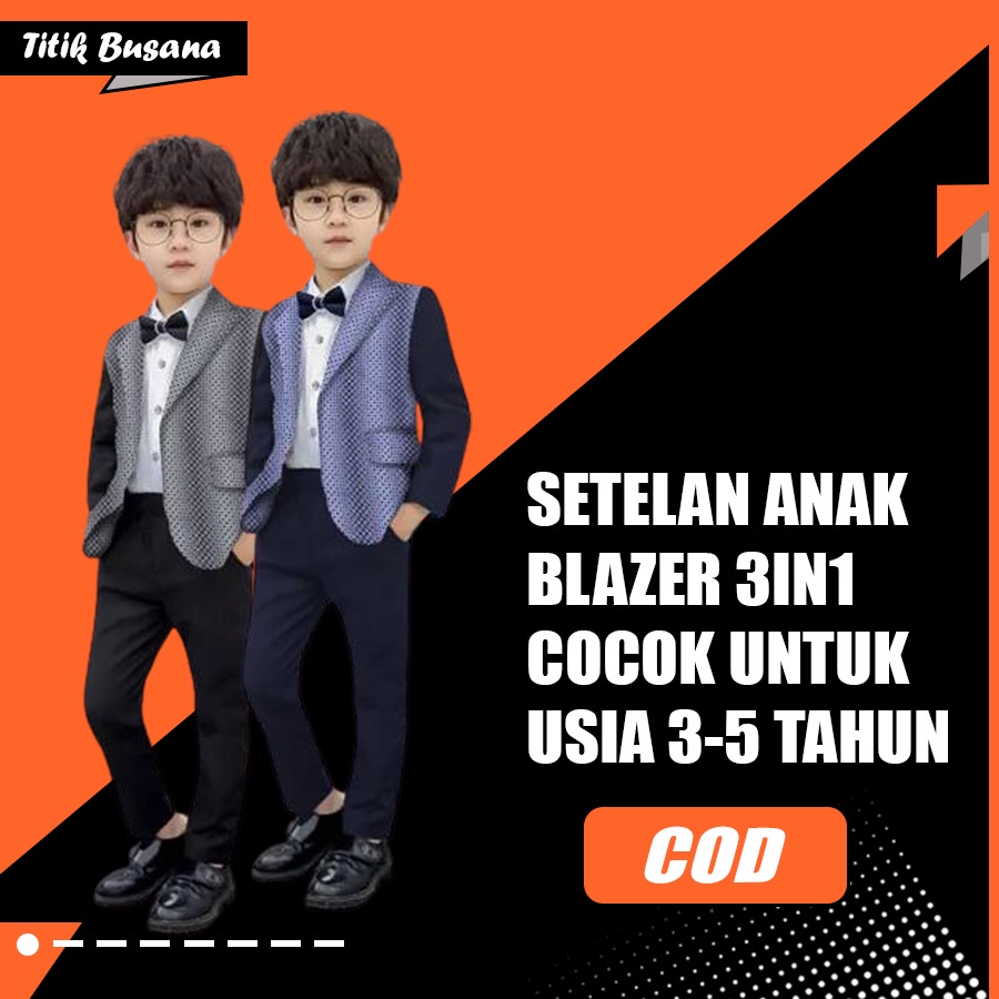 Setelan Jas Blazer Anak Laki-Laki Set Adi 3in1 Usia Umur 3-5 Tahun Blazer Anak Celana Inner Pakaian 