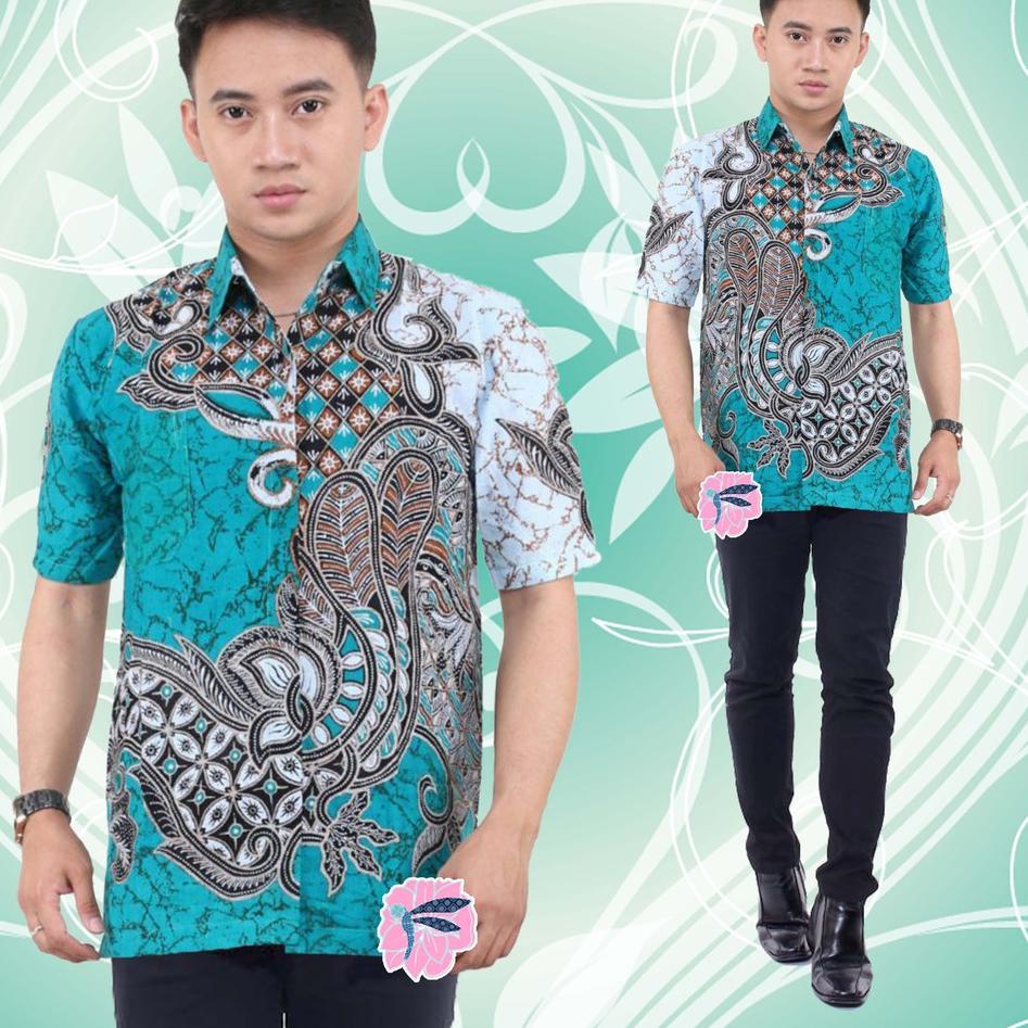 ✪SALE✪ HEM KEMEJA LENGAN PENDEK BAHAN PREMIUM MOTIF BIRU HIJAU TOSCA BATIK PEKALONGAN JAWA PRIA MURA