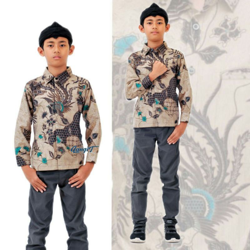 BATIK GUAVA Kemeja Batik Anak Laki Ukuran 2-12 Tahun Motif Kate Sage Mustard