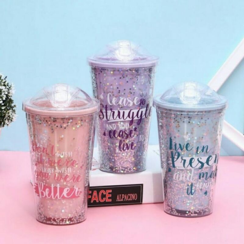 Jual Glitter Tumbler Cups Blink Gelas Botol Minum Air Sedotan 450ml Free Buble Wrap Indonesia 7720