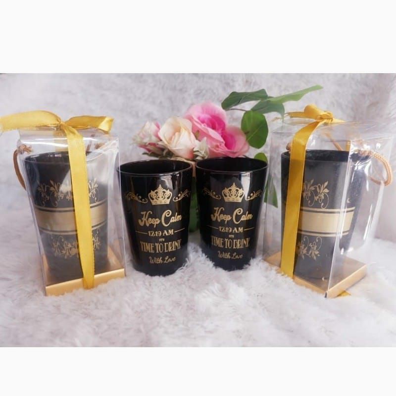 souvenir gelas sablon murah gelas jamu hitam sablon custom plus kemas box mika
