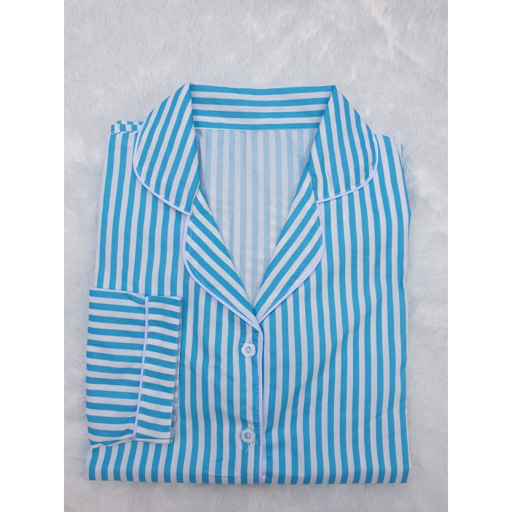 BJ-Piyama PP Wanita Dewasa Salur - Baju Tidur Lengan Panjang-Salur Biru