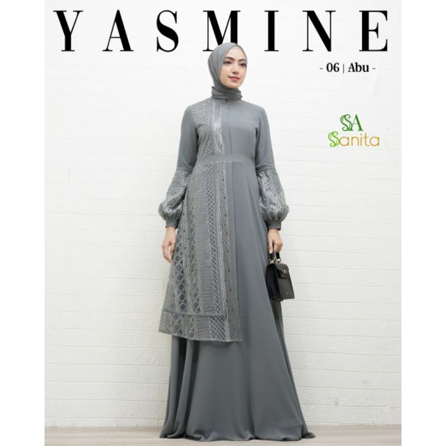 Dress Yasmine Ori by Sanita Hijab / Gamis Brukat / Muslimah Branded Wear / Gamis Set Syar'i / Gamis Pesta / Gamis Mewah / Baju Syar'i Pesta / Fashion Muslimah-Abu