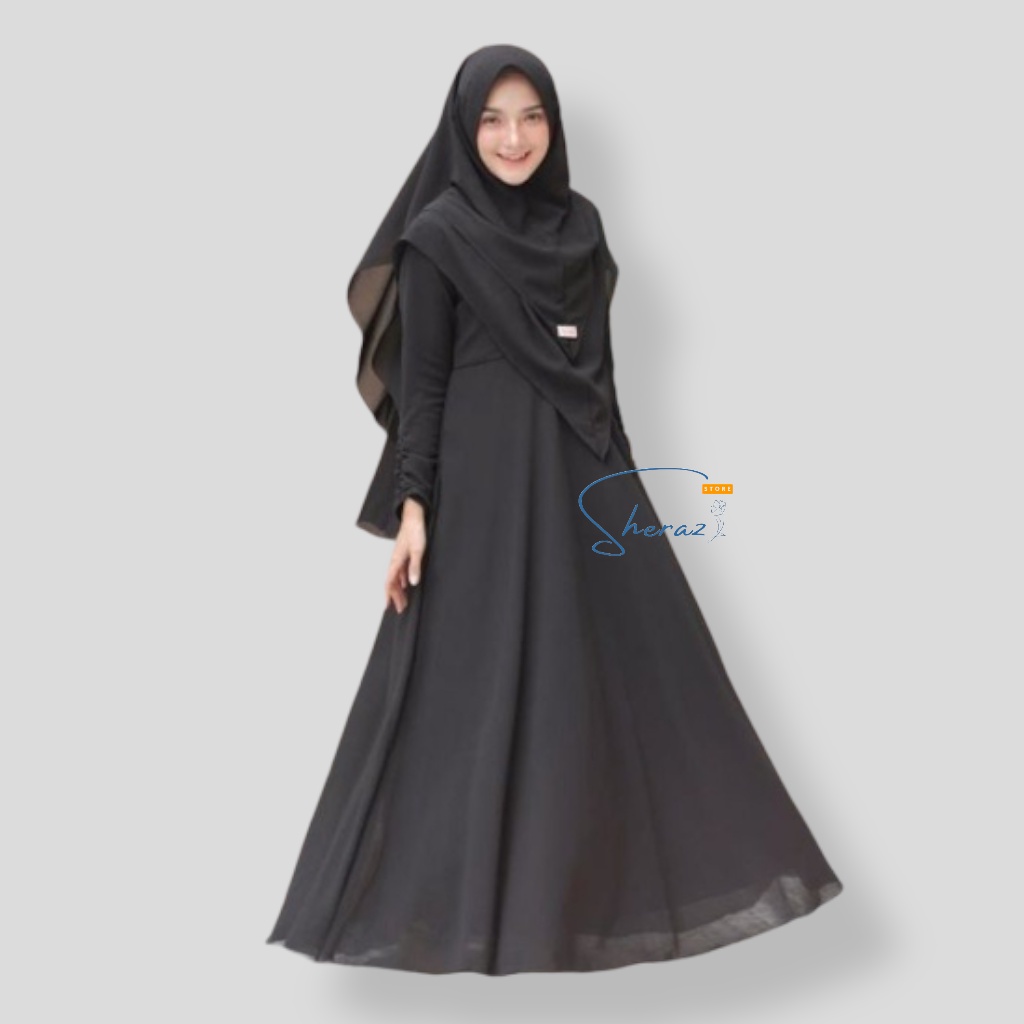 Gamis Set Hijab Jumbo Ld 120 130 140 Baju Gamis Dress Muslim Wanita Remaja Murah MAYRA SYARI + KHIMAR-Black