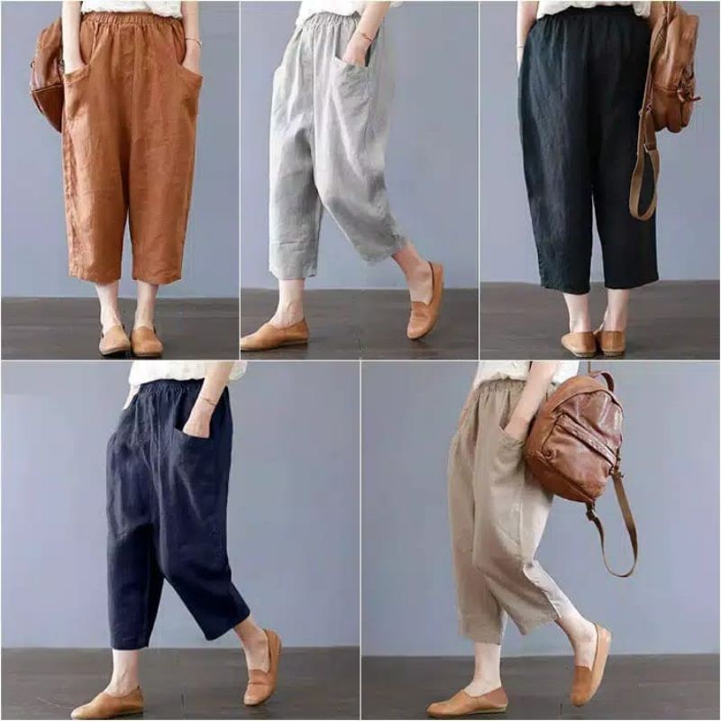 Bisa COD] SASHA CROP PANTS - Katun celana panjang casual wanita longgar