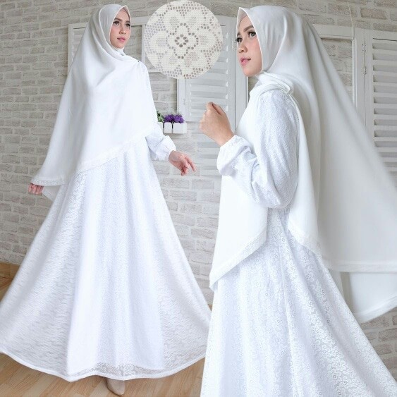 SETELAN GAMIS PUTIH SYAR'I WHITE BROKAT BAJU UMROH GAMIS BRUKAT TILE