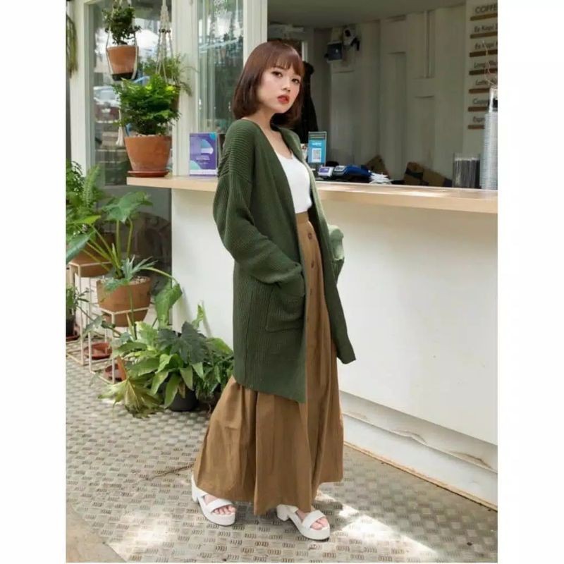 Cardigan panjang rajut dua saku all size-Army