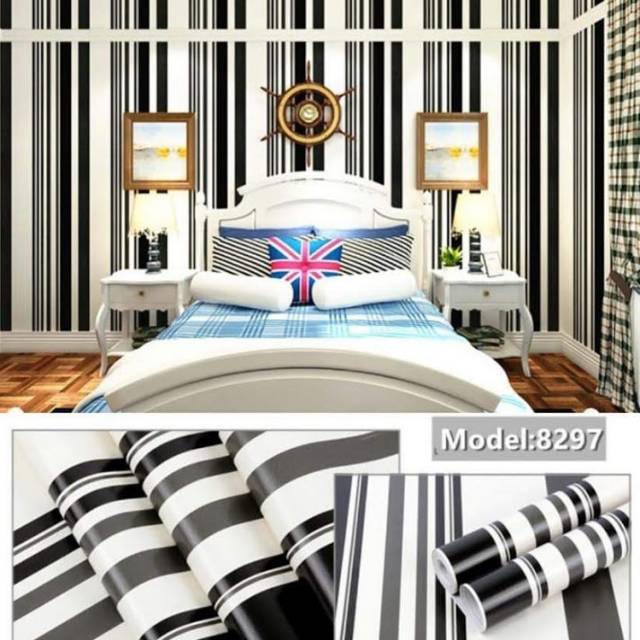 Grosir murah wallpaper sticker dinding kamar  salur hitam  