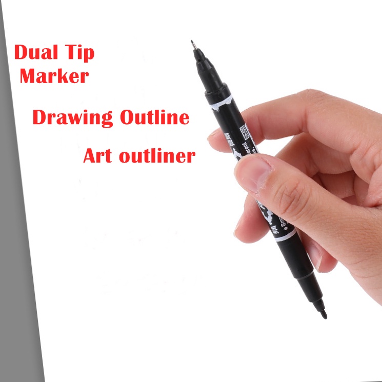 [ORGM] Alat Tulis Spidol Marker Dual Tip Tipis dan Tebal Warna Hitam Menggambar  Penebalan Garis Outline