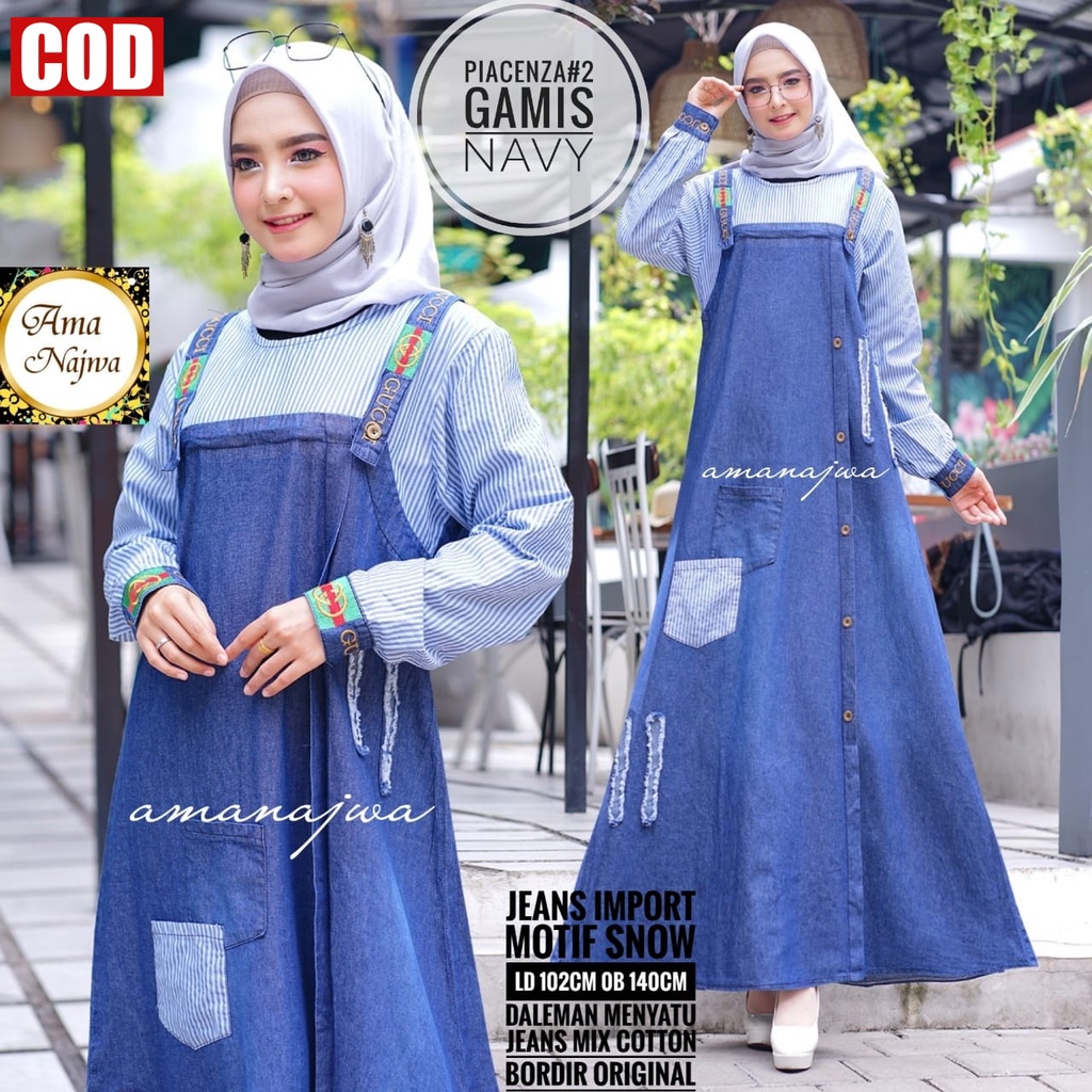 PIACENZA #2  MAXY Gamis Jeans Import Snow Mix Katun Bordir  / Gamis Jeans Wanita Terbaru