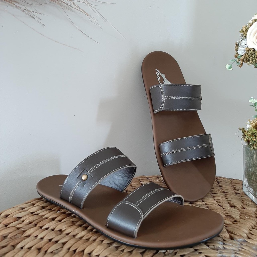 SANDAL PRIA SLIDE KULIT ASLI WARNA HITAM COKLAT TAN