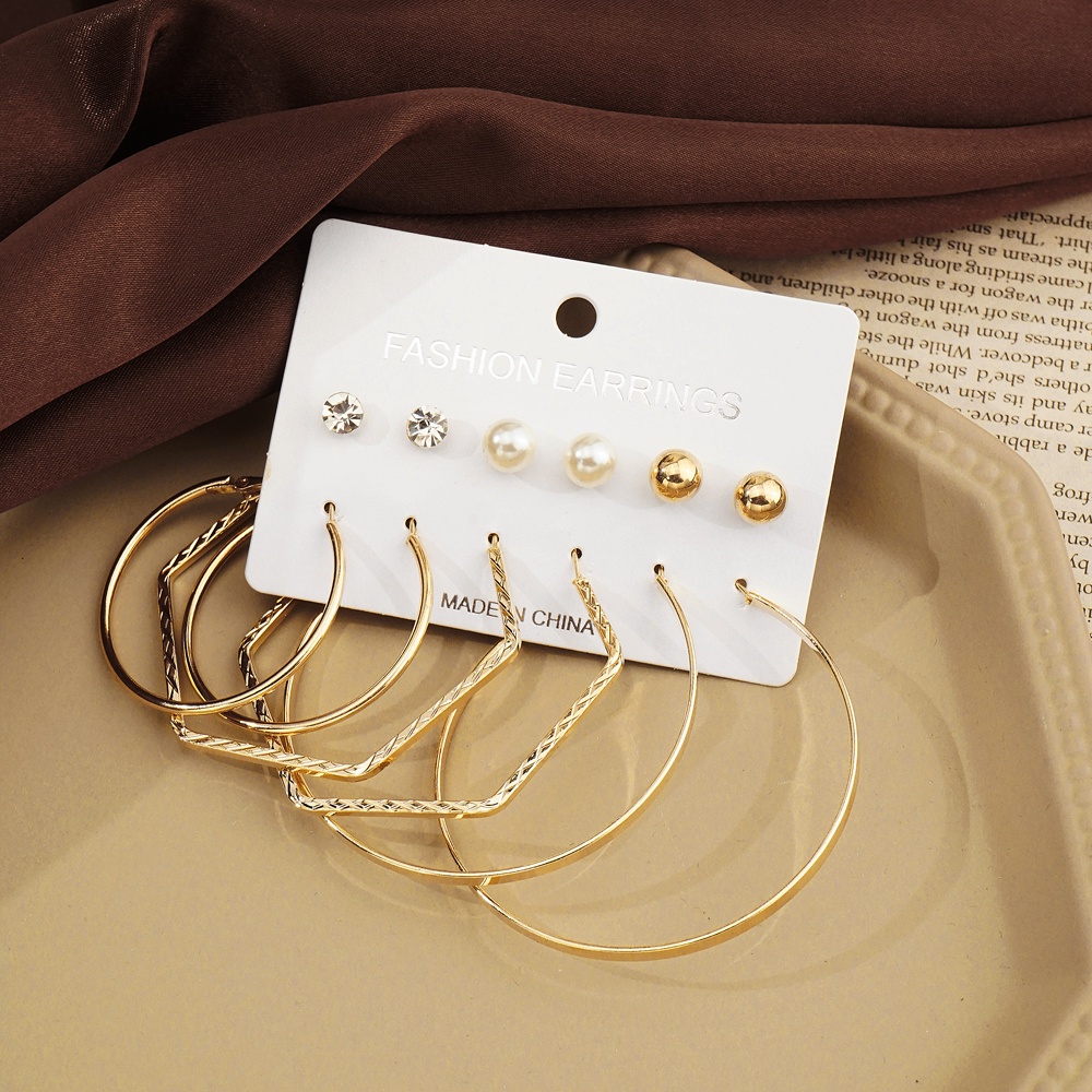 6 Pasang / Set Anting Hoop Bentuk Lingkaran Bahan Metal Warna Emas Gaya Klasik Untuk Wanita