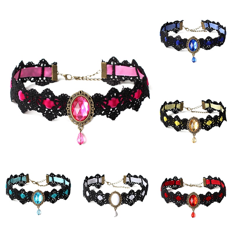 &lt; E2id &amp; &gt; Kalung Choker Lace Hitam Hias Kristal + Berlian Imitasi Gaya Vintage Gothic Untuk Wanita