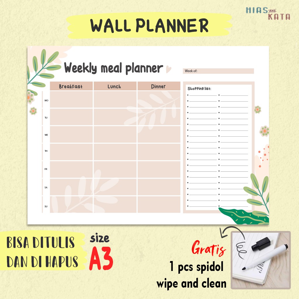 

Minimalist Meal planner board uk A3 ( gratis 1pcs spidol wipe&clean)