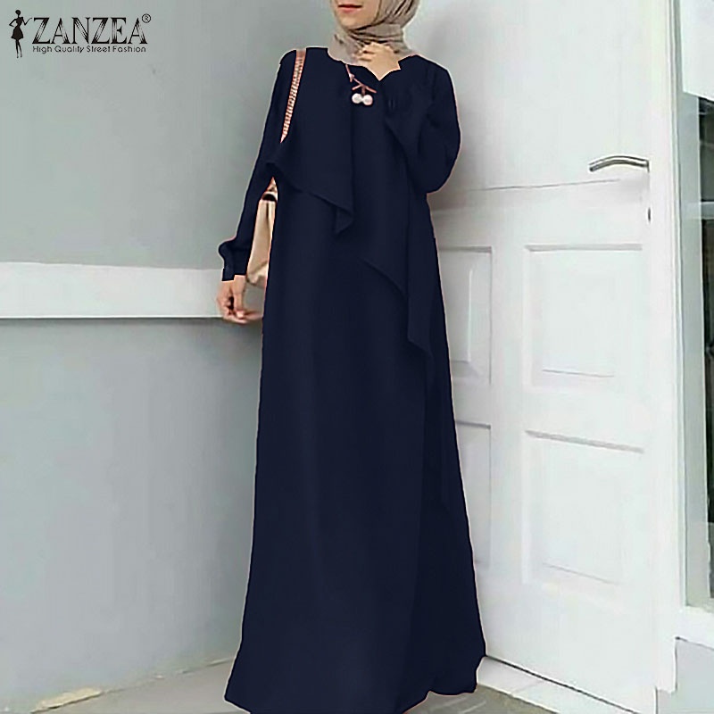 ZANZEA Women Solid Color Full Sleeve O Neck  Elegant Muslim Maxi Dress