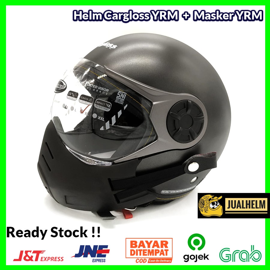 Paket Helm Cargloss YRM Gunmetal + Masker PU YRM ( Mask / Bogo/ Retro / Vespa / Klasik )