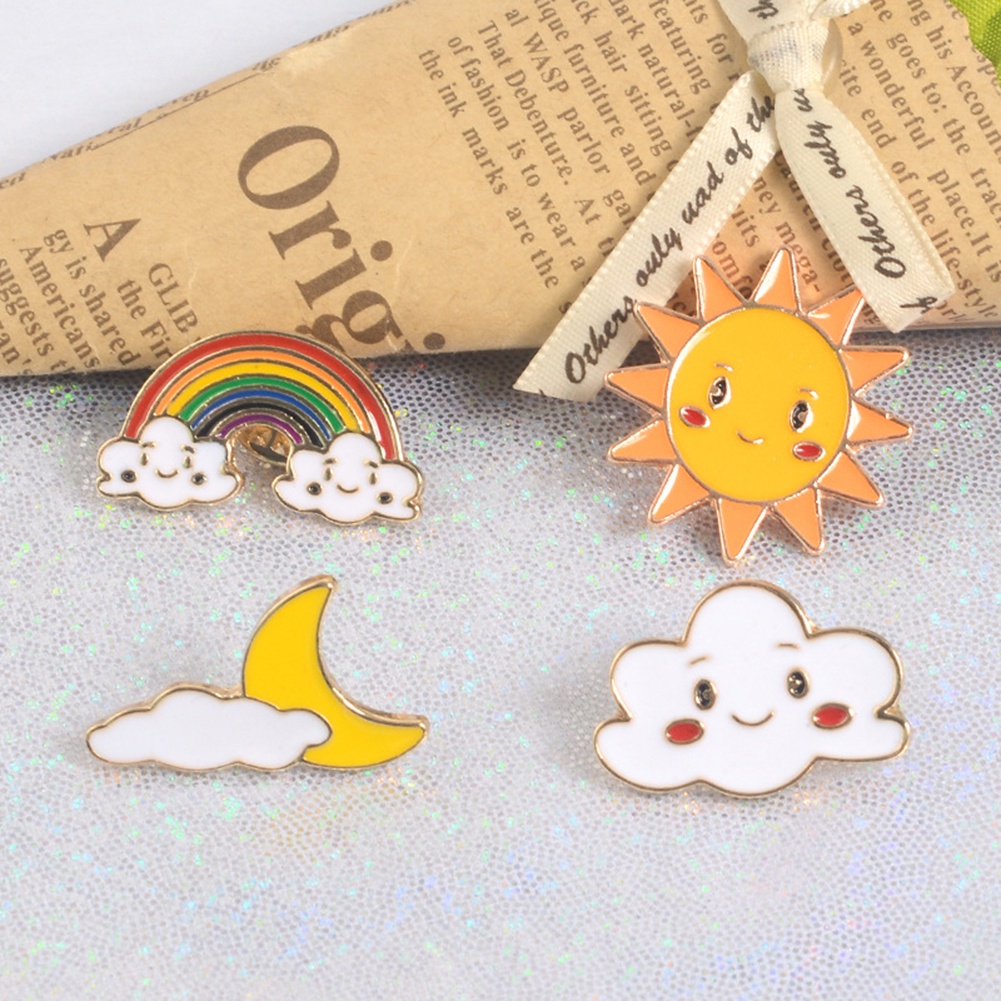 Bros Pin Enamel Desain Kartun Matahari Bulan Awan Pelangi Untuk Kerah Tas