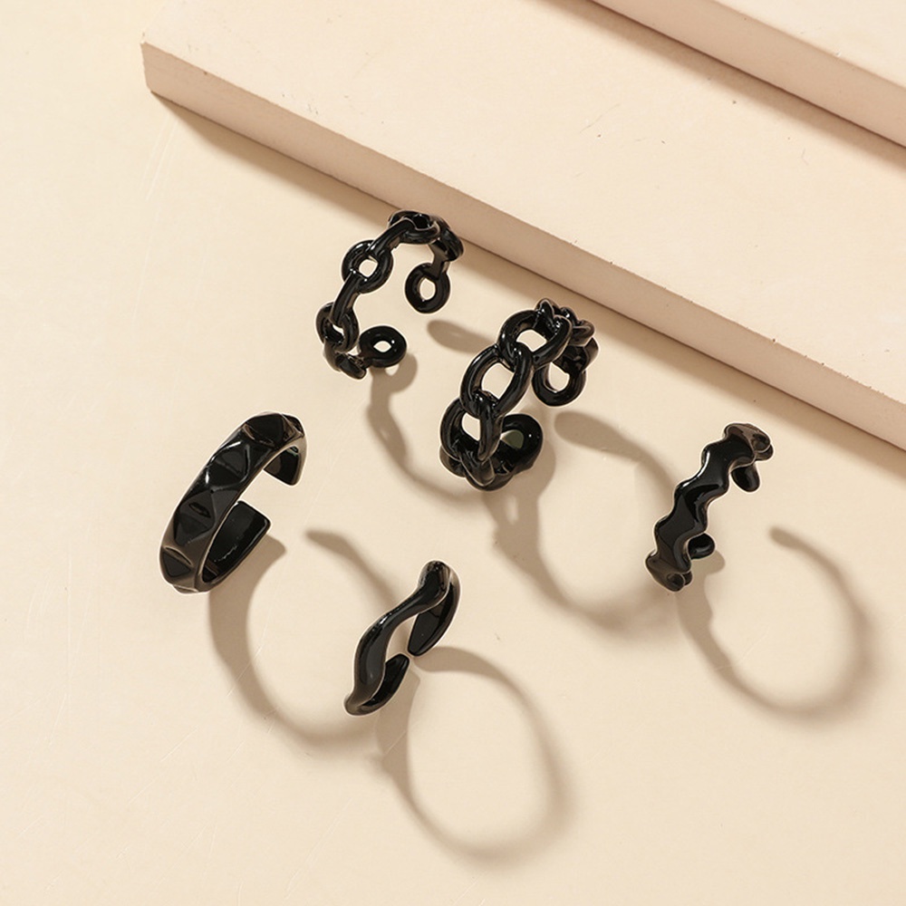 5pcs / Set Cincin Buku Jari Model Terbuka Desain Rantai Geometris Warna Hitam Gaya Punk Vintage Untuk Wanita-2