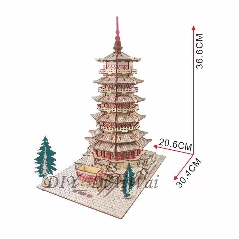 Puzzle 3D DIY bahan kayu THE SAKYAMUNI PAGODA mainan puzzle edukasi anak (kado &amp; pajangan)