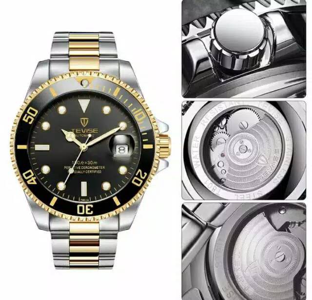 Jam Tangan Mekanik Automatic Tevise Submariner Silver Gold Black