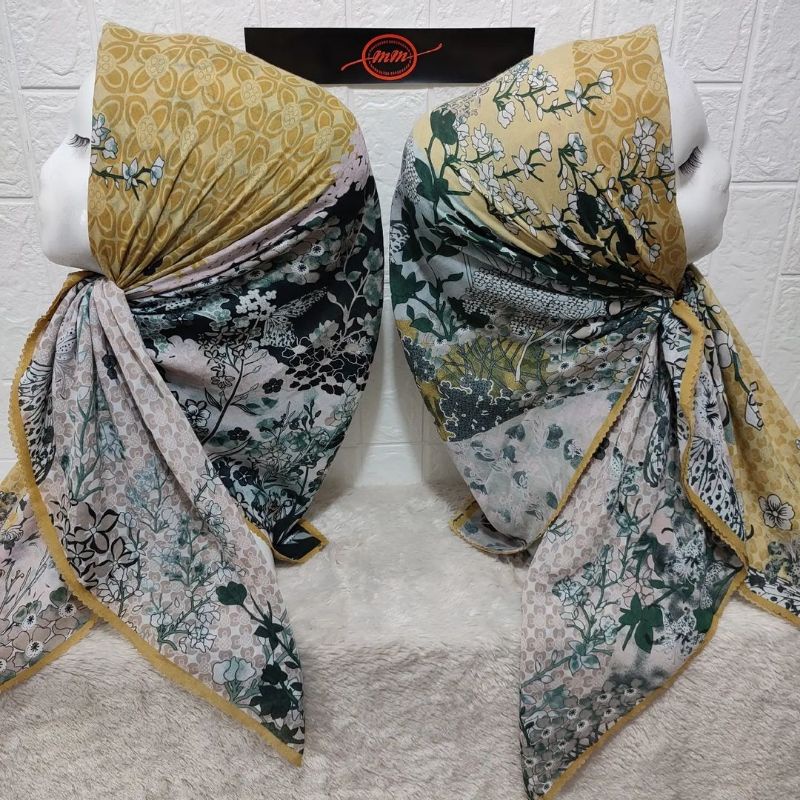 HIJAB SEGI EMPAT VOAL MOTIF BUNGA KUNING HITAM KERUDUNG JILBAB MURAH