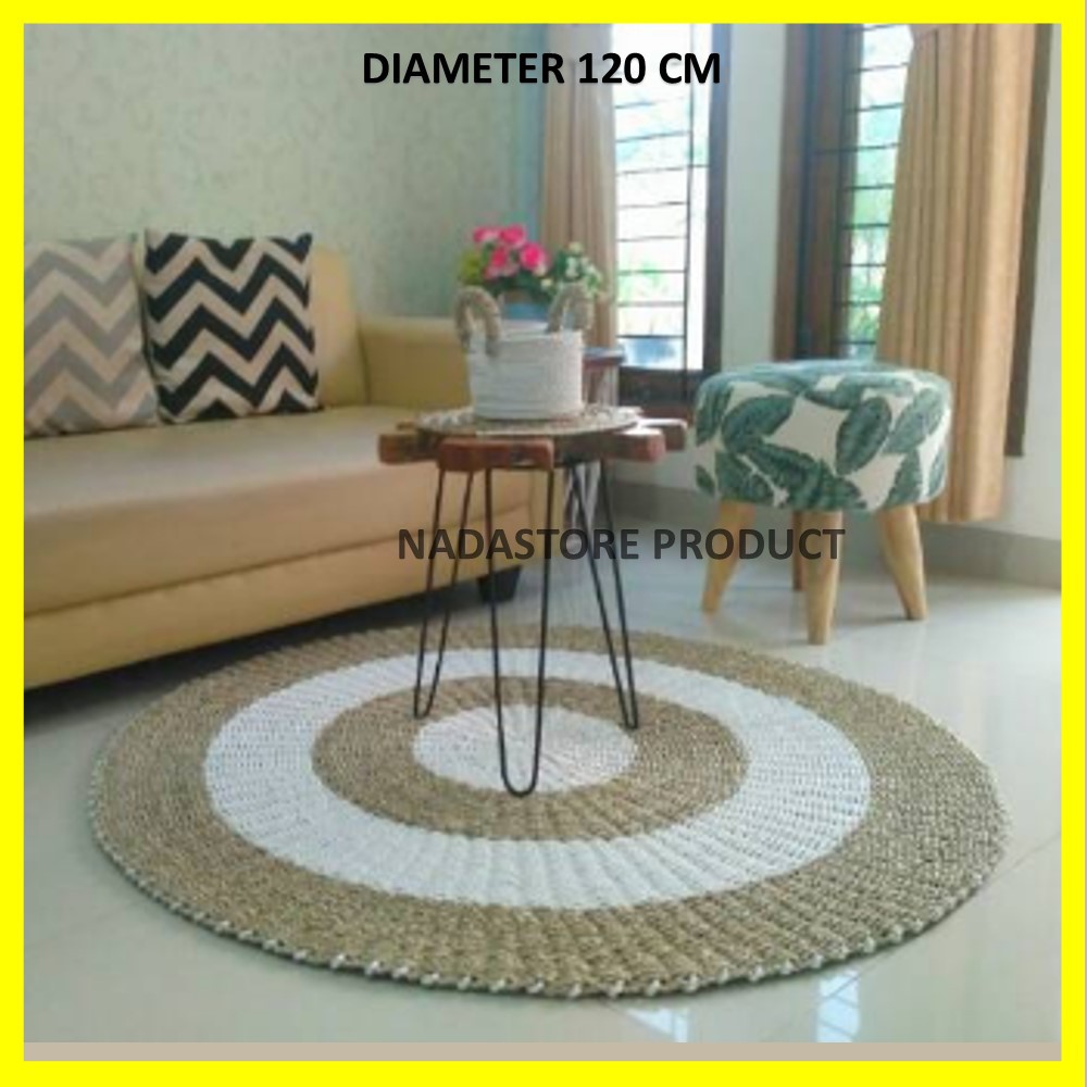 Rug Seagrass ukuran 120 cm Motif Natural Putih Kombinasi / Tikar / Karpet anyaman