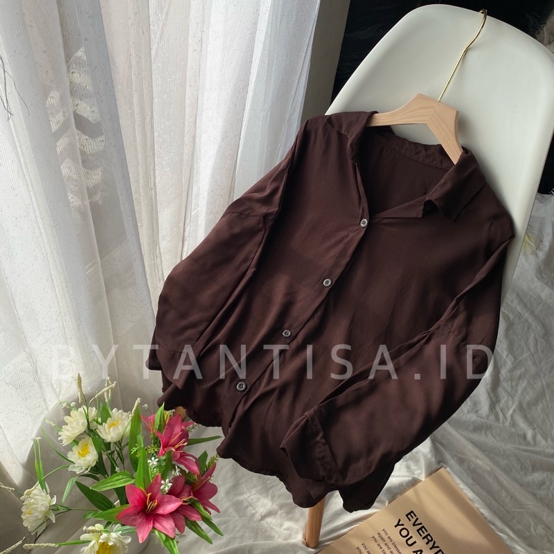 KEMEJA BASIC KONINA BAHAN RAYON | KEMEJA BLOUSE WANITA BAHAN ADEM FULL KANCING-Darkcoffe Konina