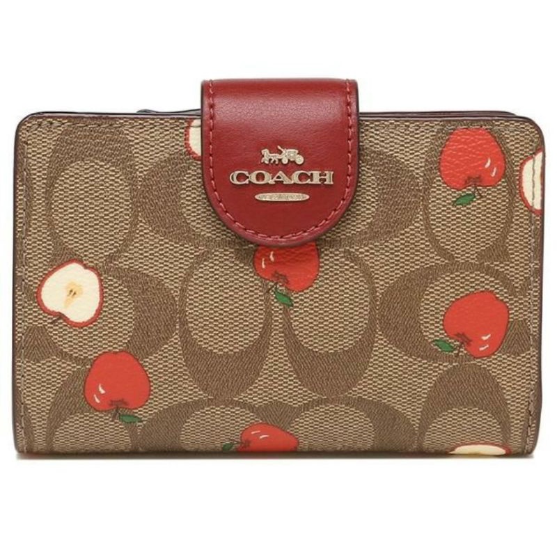 Coach Medium Corner Zip Wallet Khaki Signature Red Apple Multi (C4117)