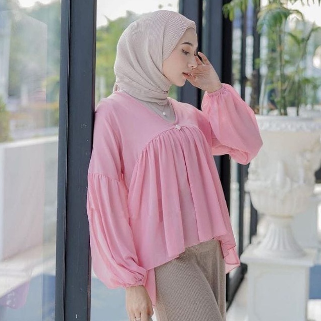 BLOUSE KOREAN STYLE FASHION MUSLIM CERUTY BABYDOLL POLOS WANITA NAVA -  ALLSIZE FIT L