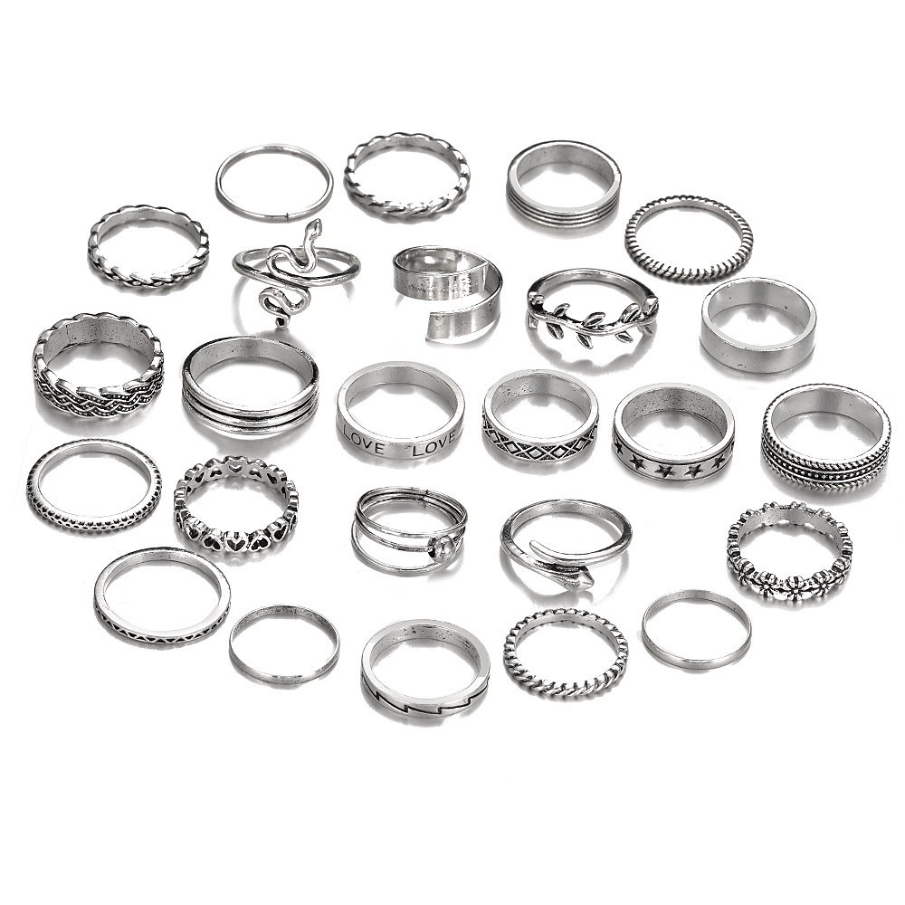 25pcs / Set Cincin Silver Model Ular / Hati / Daun Untuk Wanita