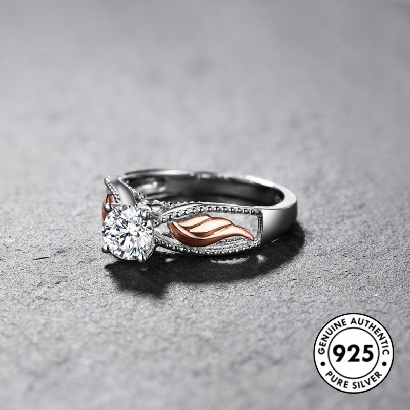 Cincin Desain Sayap Malaikat Aksen Berlian Bahan S925 Silver Warna Rose Gold