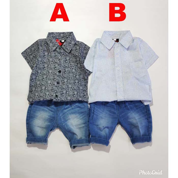 Baju Anak Bayi laki Laki Setelan kemeja Batik adem dan Celana Jeans Bio Kids