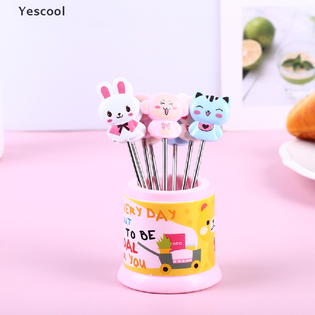 Yescool 1 Set Garpu Buah / Dessert Bahan Stainless Steel Desain Hewan Warna Pelangi Dengan Toples Penyimpanan