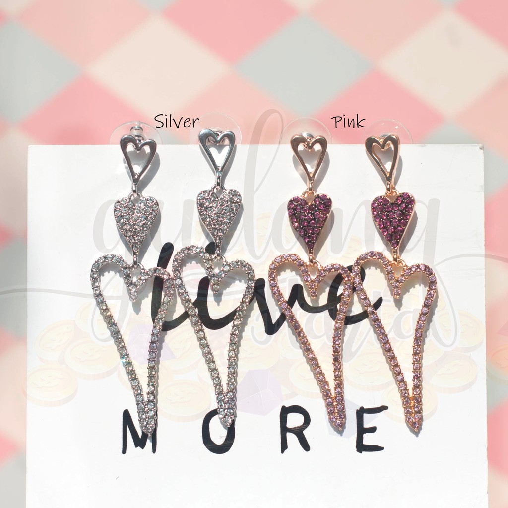 Anting Stud Silver and Pink Hearts Hati Panjang Unik GH 203746