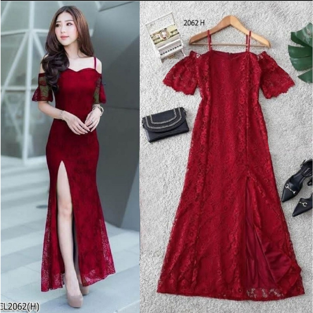 WSE390 - Longdress Brukat Dress Brukat Premium Elegant Dress Gaun Pesta Acara Sleting Belakang