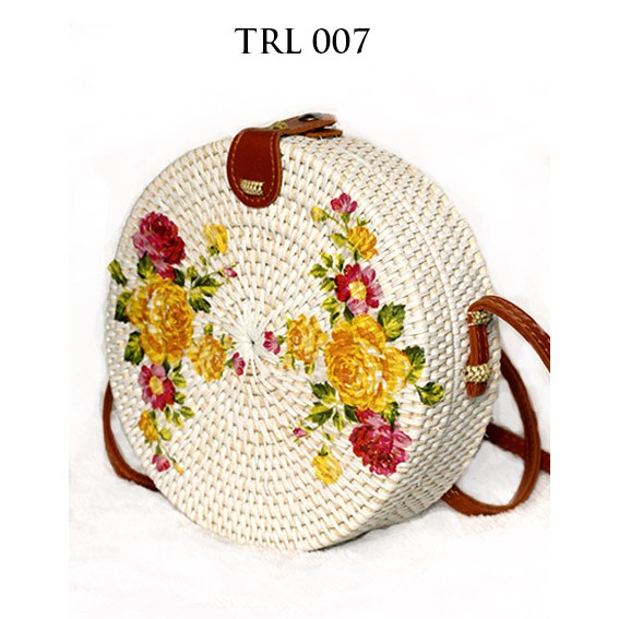 

Grosir Tas Rotan Bali Bulat Decoupage Lukis Bunga TRL007 Diameter 15 dan 20cm