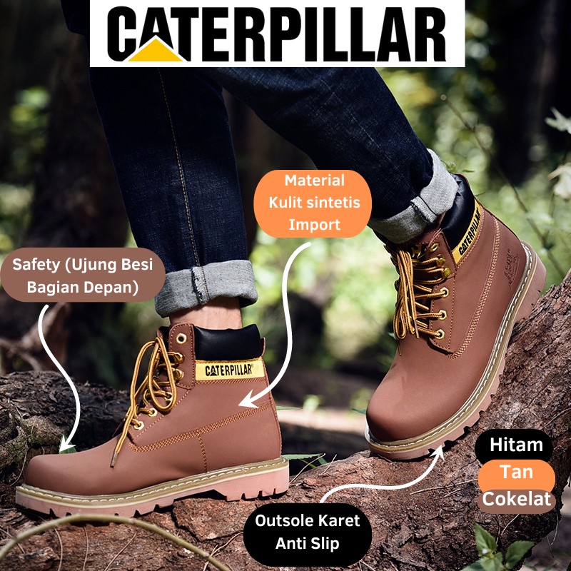 (GRATIS ONGKIR) Sepatu Safety Proyek Ujung Besi - Septy Shoes Boot - Septi Kerja Lapangan Kulit Sintetis Tali - Sepatu Caterpillar Steel Toe