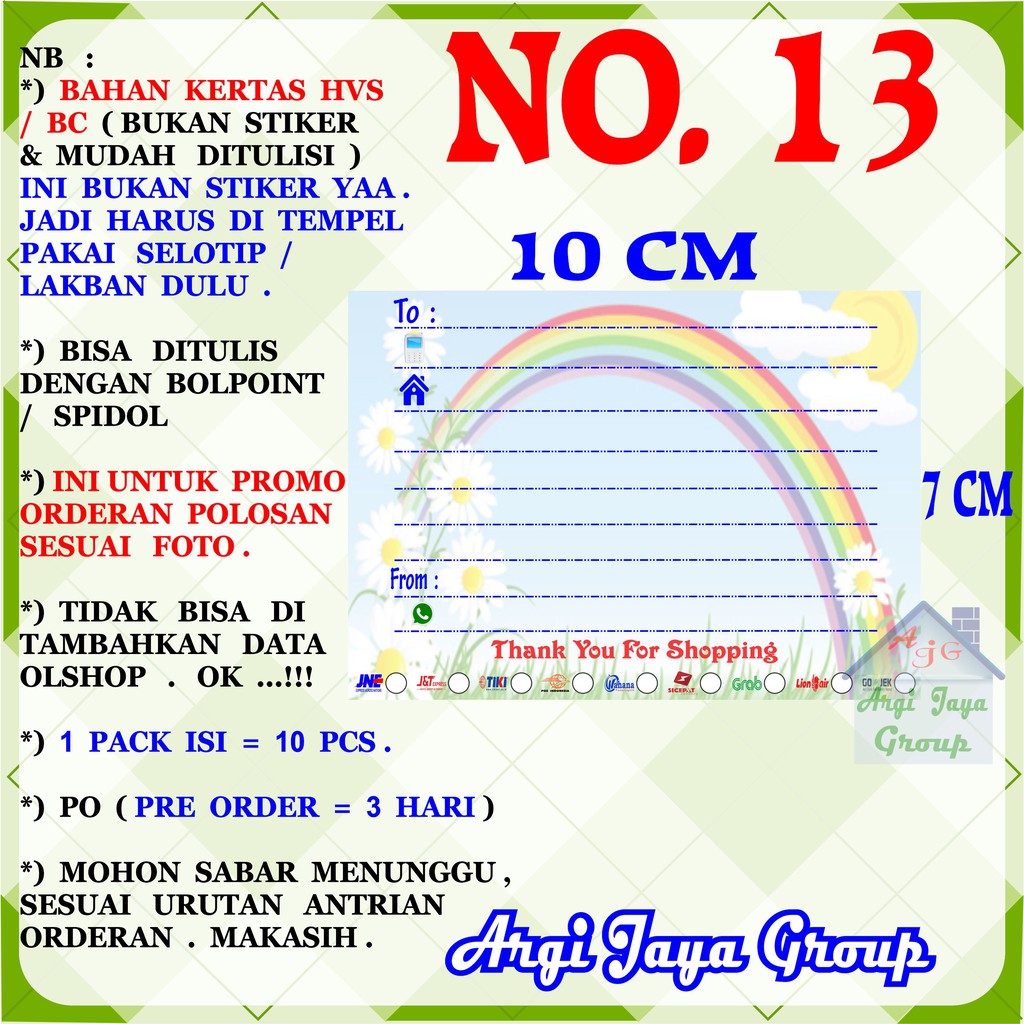 

Promo!Label Pengiriman Polosan Kertas Manila No = 13 (10x7cm) 1 Pack = 10 Pcs