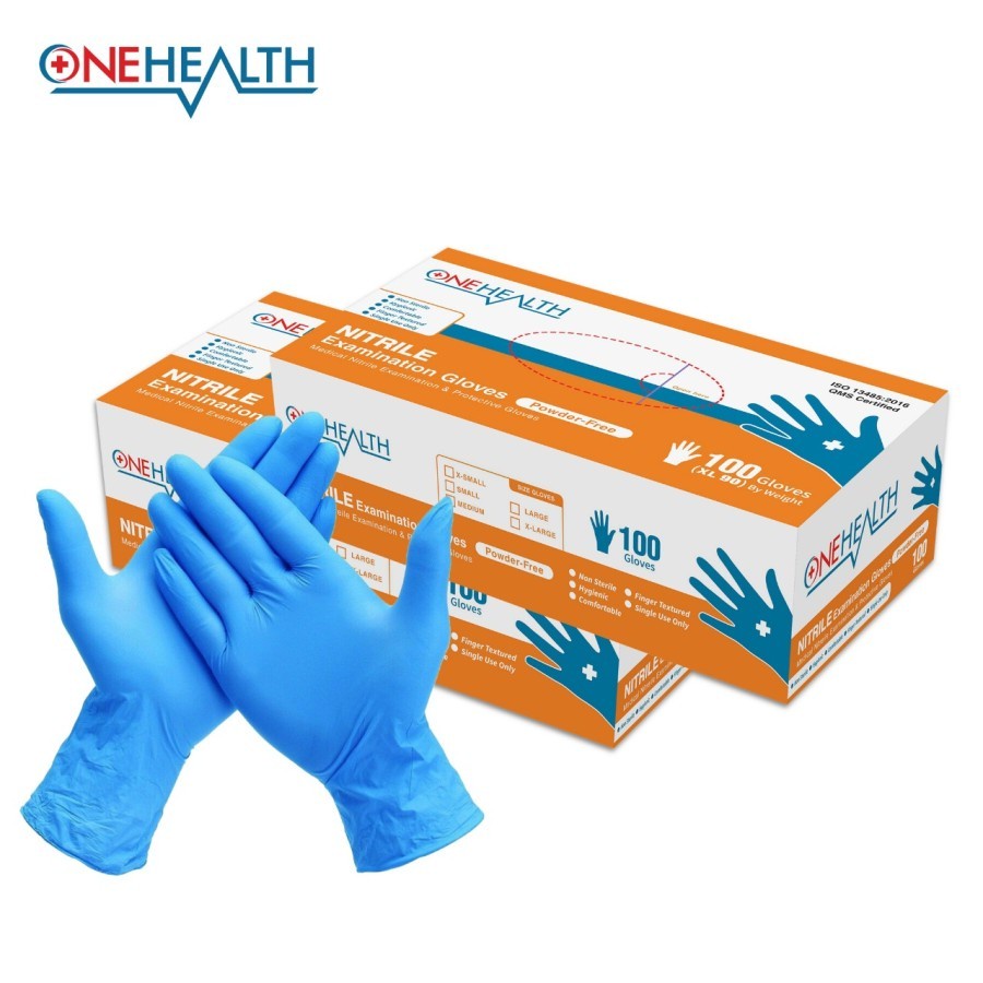 SARUNG TANGAN ONEHEALTH NITRILE BIRU POWDER FREE ISI 100 PER BOX MEDICAL ONLINE MEDICALONLINE