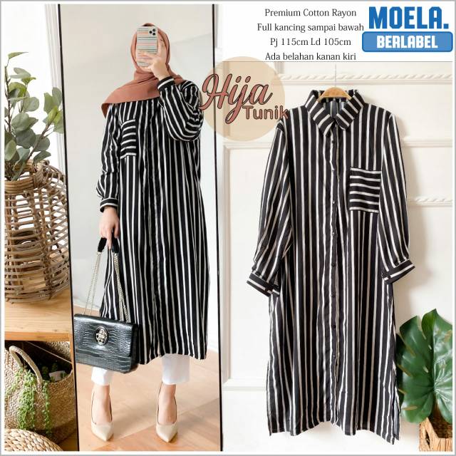 Hija tunik motif stripe salur garis bu Moela