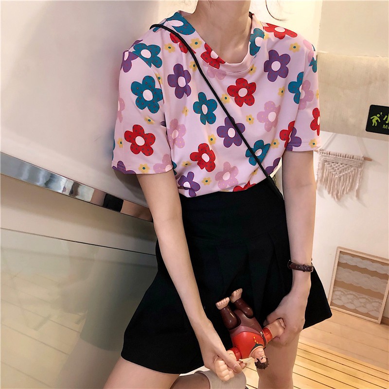 VS - Kaos FLOWER / FLORA T-Shirt O-Neck Lengan Setengah Motif Print Gaya Korea untuk Wanita