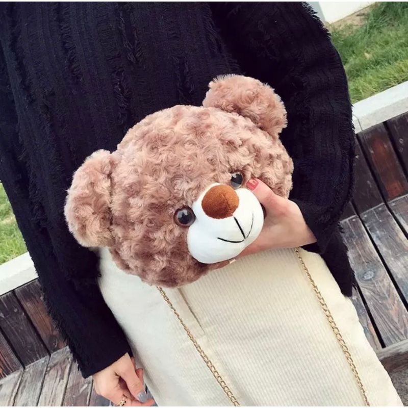 Tas Selempang Rante Beruang Bulu Curly Velveteen Tas Bahu Wanita Boneka Kepala Teddy Bear - TK33