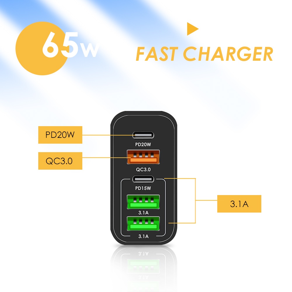 Adapter Charger 5 Port USB 3.0 65W PD Untuk Iphone 14 13 Pro Max Android Adoptor