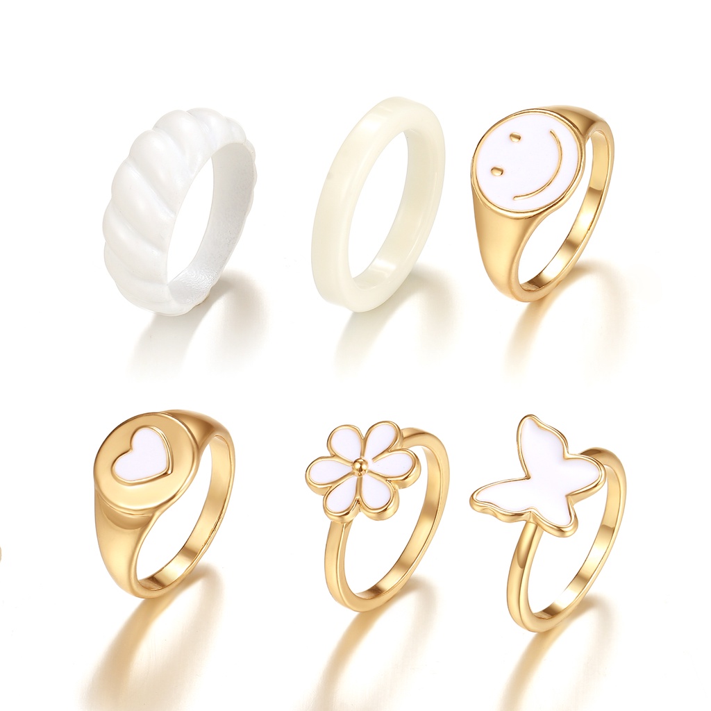 6pcs Set Vintage White Heart Butterfly Smiley Ring Set for Women Love Y2K Jewelry Gifts