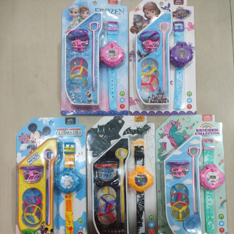 Jam Tangan Anak Digital Free Mainan Helikopter Gasing - Karakter Superhero Batman / Princess Sofia / Frozen / Mickey Mouse / Unicorn