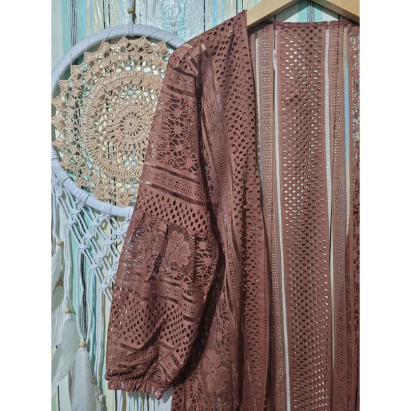 Kardigan brukat/promo long outer brukat/outer cardy wanita-Coklat bata/caramel