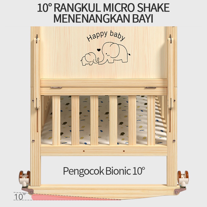 Tempat Tidur Bayi Kayu Kasur Baby Set Kelambu Bayi Box Ranjang Bayi Kayu Tempat Tidur Ayunan Multifungsi 0-6Tahun